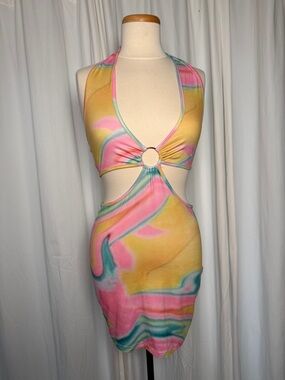 SHEIN Pastel Marble Halter Mini Dress in Pink, Yellow, Teal
